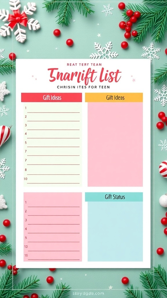 A colorful Christmas gift list template for teens with sections for gift ideas and status.